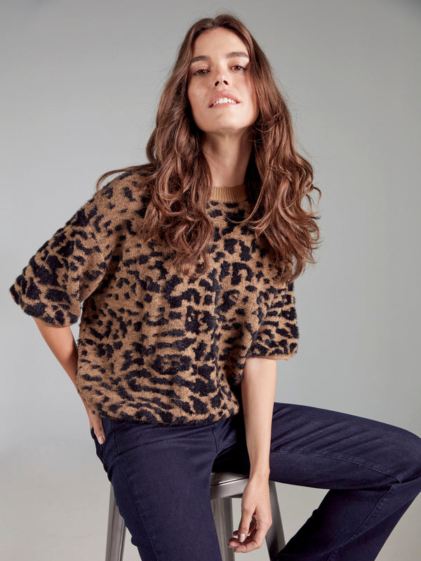 Balloon Elbow Sleeve Knit Sweater - Leopard