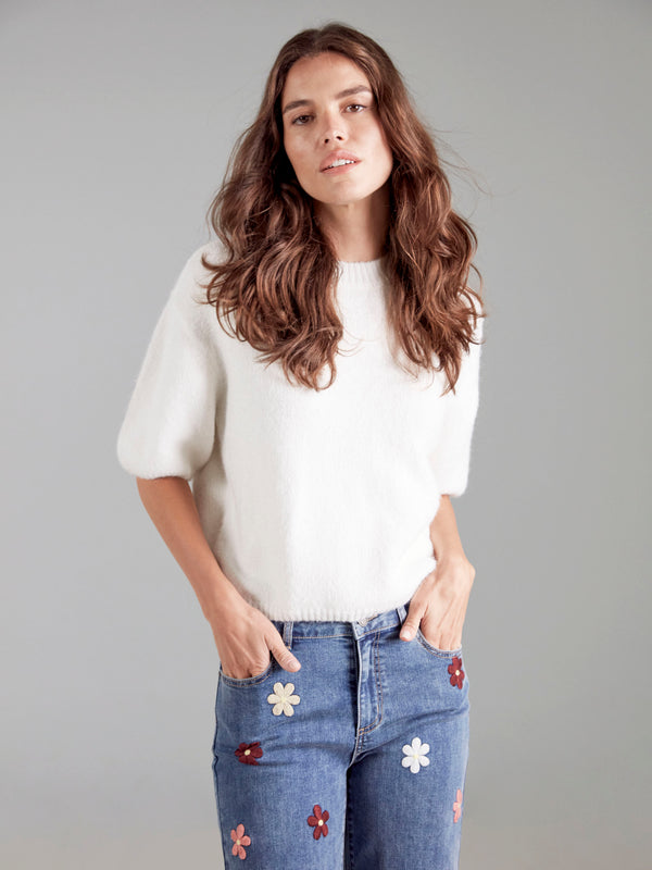 Balloon Elbow Sleeve Knit Sweater - Ecru