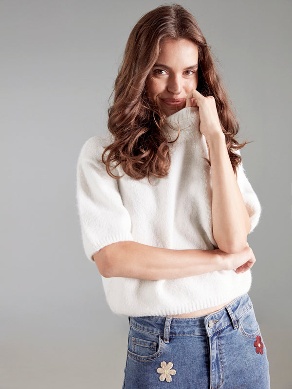 Balloon Elbow Sleeve Knit Sweater - Ecru