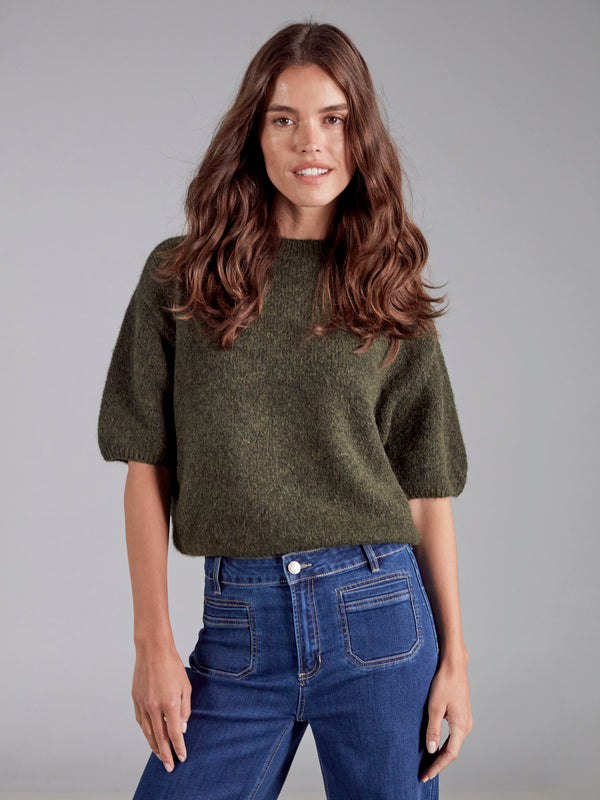 Crew neckline enhances the classic look of this plush knit spruce sweater with stylish balloon sleeves by Charlie B.