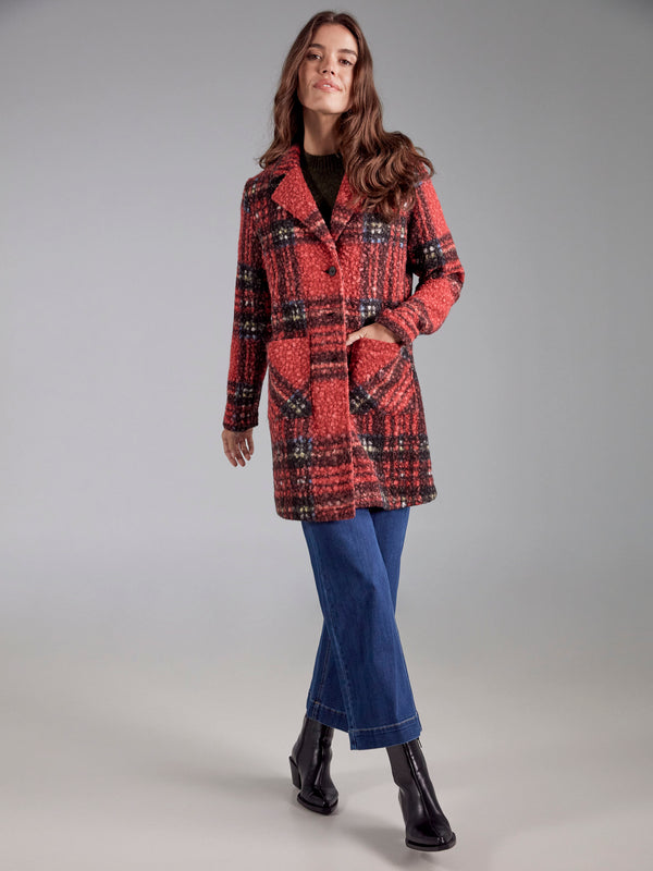 Plaid Bouclé Knit Coat - Cranberry