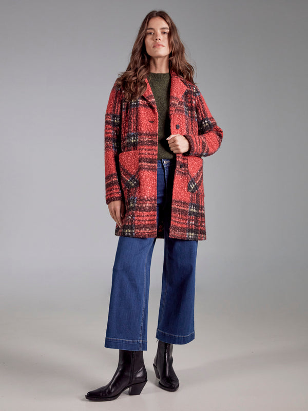 Plaid Bouclé Knit Coat - Cranberry