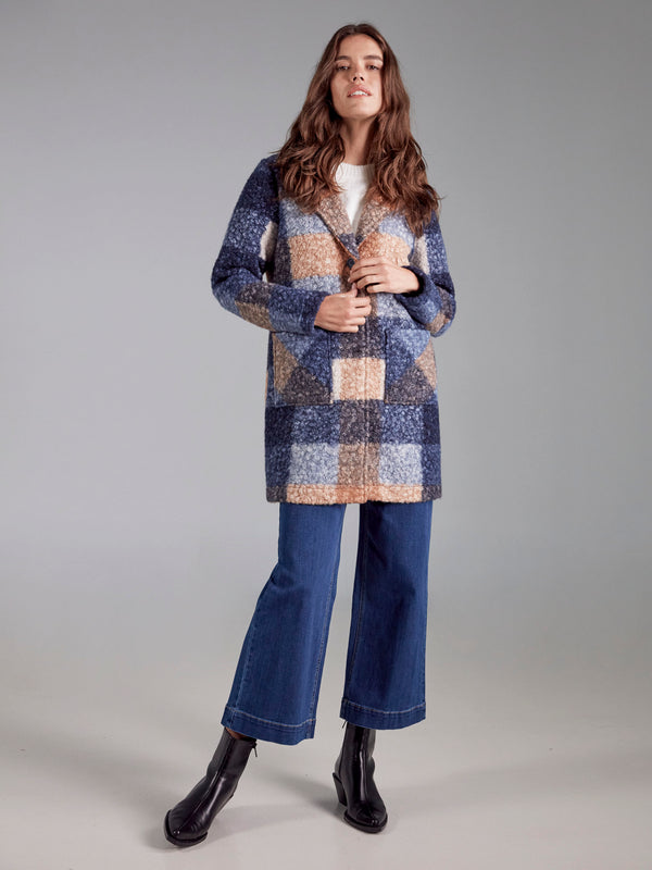Sophisticated moonlight plaid boucle knit coat emphasizing its refined tailored collar style by Charlie B.