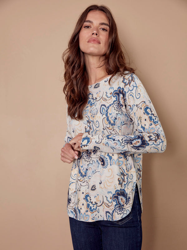 Printed Rounded Hem Sweater - Blush