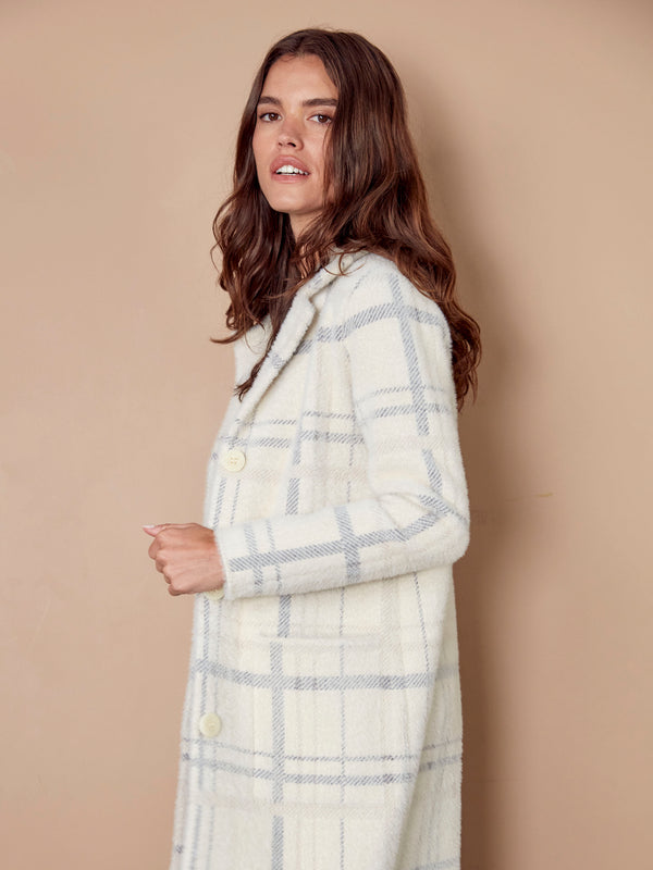 Long Plaid Knit Coatigan - Ivory