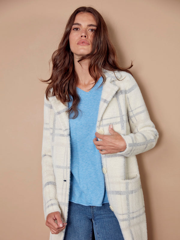 Ivory plaid coatigan featuring a soft plush texture and convenient side pockets for everyday wear by Charlie B.