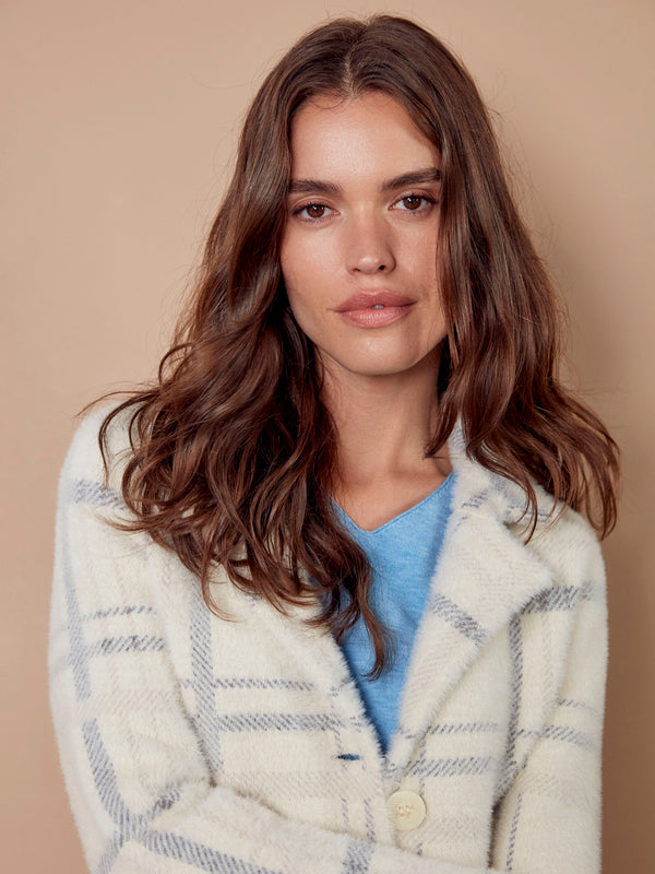 Long Plaid Knit Coatigan - Ivory