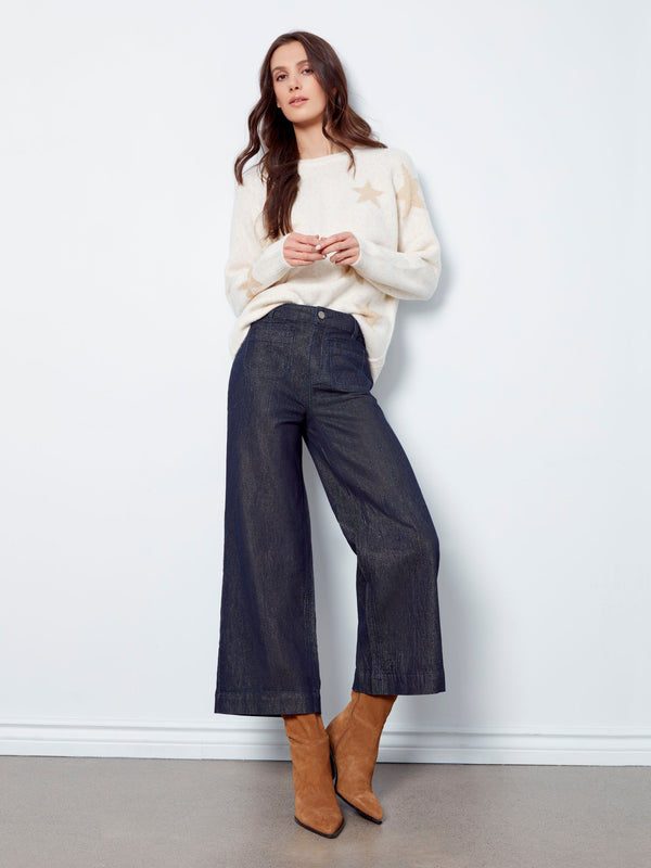 Metallic Patch Pocket Flare Jeans - Blue Black