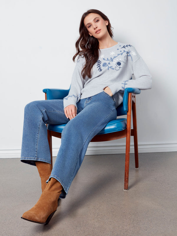 Embroidered Crew Neck Sweater - Heather Grey