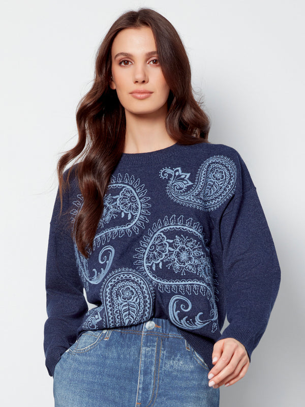 Chandail à col rond brodé motif cachemire - Denim Chiné