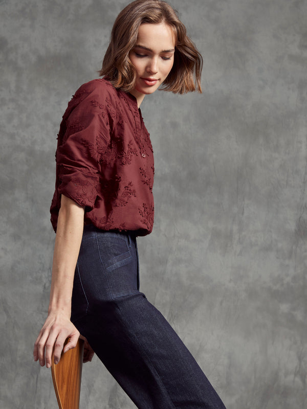 Floral Appliqué Button-Up Blouse - Cabernet