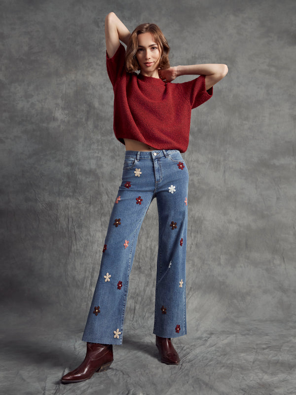 Wide Leg Jeans With Flower Patches - Medium Blue