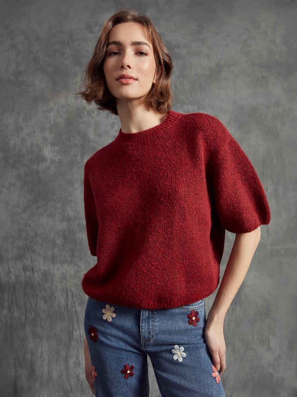 Balloon Elbow Sleeve Knit Sweater - Cabernet