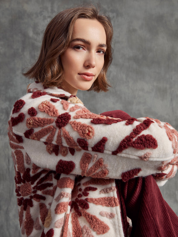 Floral Sherpa Fleece Short Coat - Cabernet