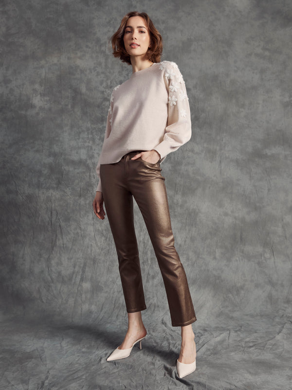 Sophisticated heather oat sweater showcases exquisite white embroidery and raglan sleeve style by Charlie B.