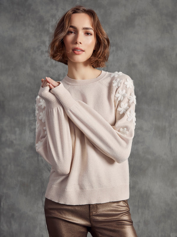 Heather oat hue combined with raglan puff sleeves creates a timeless style in this lovely sweater by Charlie B.