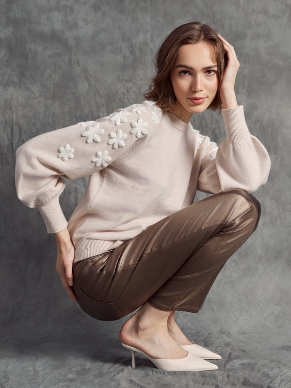 Crew Neck Sweater With Embroidered Flowers - Heather Oat