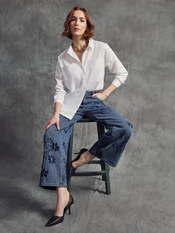 Wide Leg Floral Jeans - Flowers