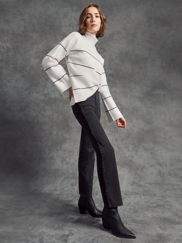 Yarn Dye Striped Funnel Neck Sweater - Ecru