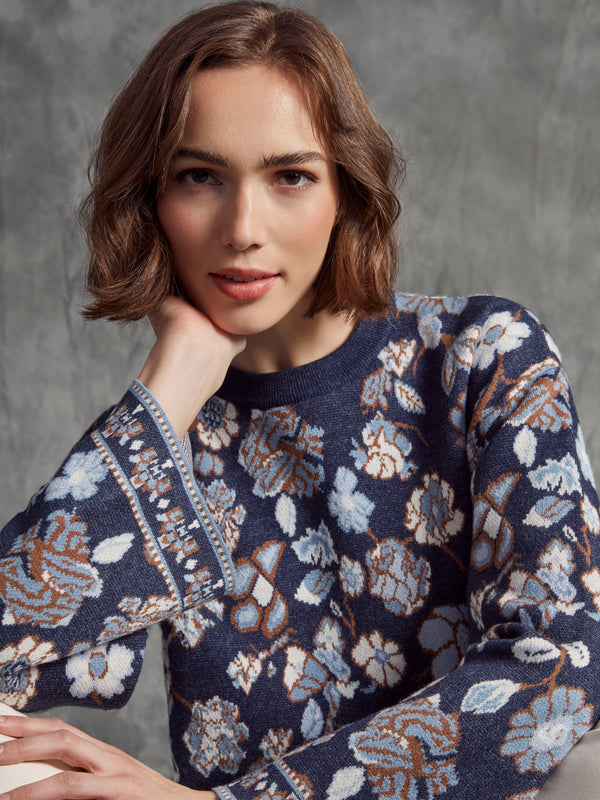 Crew Neck Jacquard Sweater - Floral