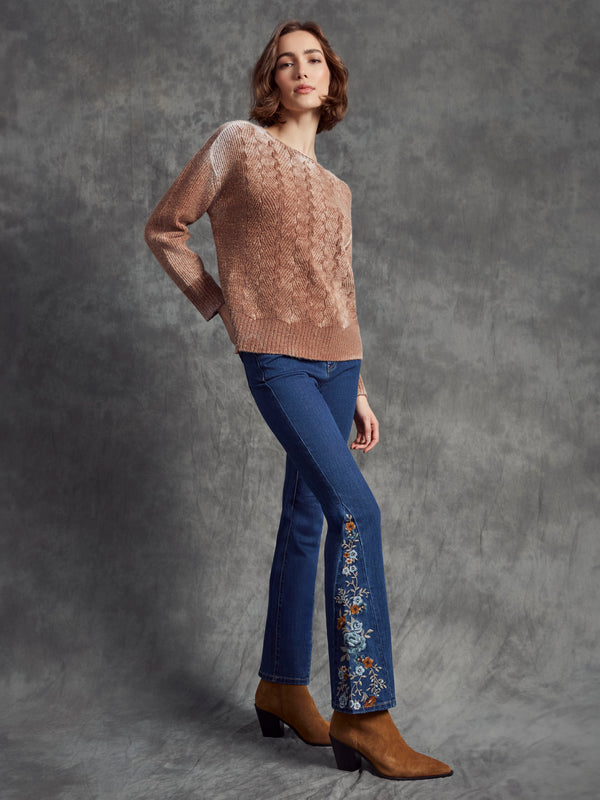 Chandail à col ras du cou avec point fantaisie - Sépia