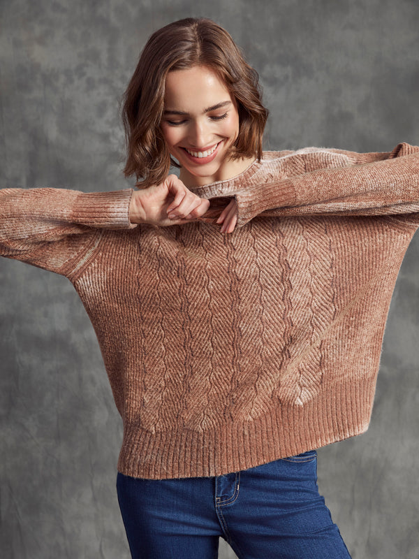 Chandail à col ras du cou avec point fantaisie - Sépia