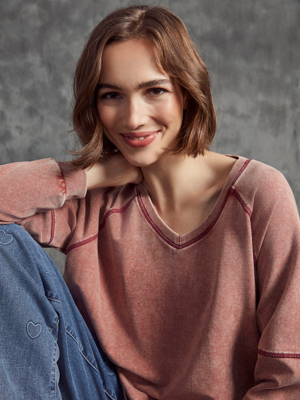 Cold Dye French Terry V-Neck Top - Cabernet
