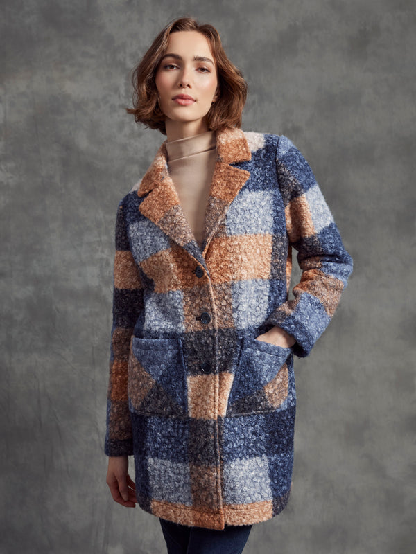 Moonlight plaid boucle knit coat with a tailored collar, button front, and patch pockets by Charlie B.