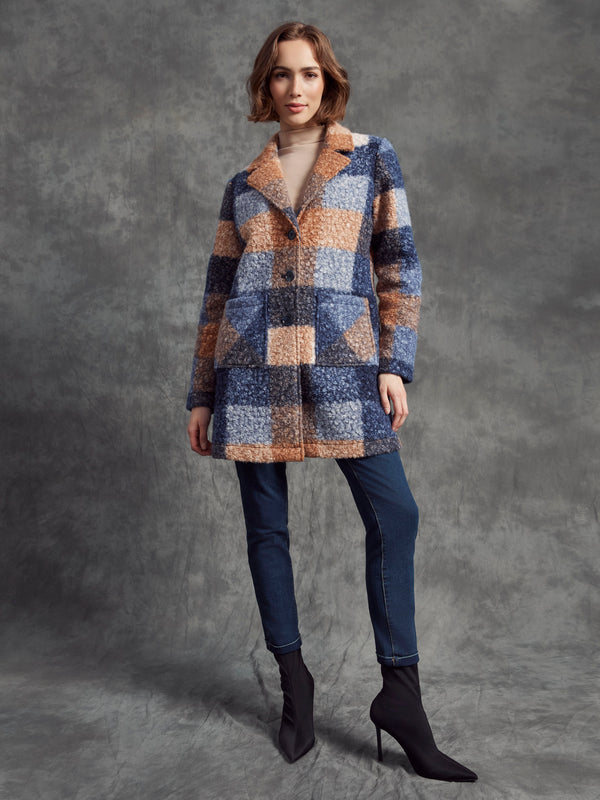 Moonlight plaid boucle knit coat with a tailored collar, button front, and patch pockets by Charlie B.