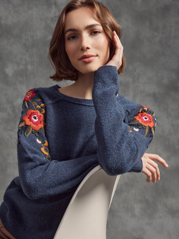 Embroidered Floral Sleeve Sweater - Heather Denim