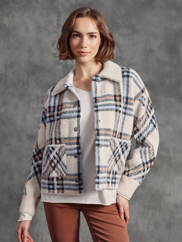 Chic ecru plaid knit jacket featuring spread collar and patch pockets, adding flair to any outfit by Charlie B.