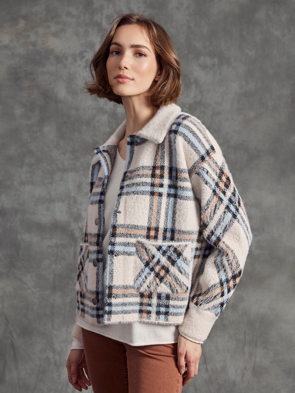 Short Plaid Knit Jacket - Ecru
