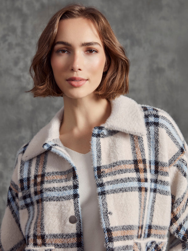 Short Plaid Knit Jacket - Ecru