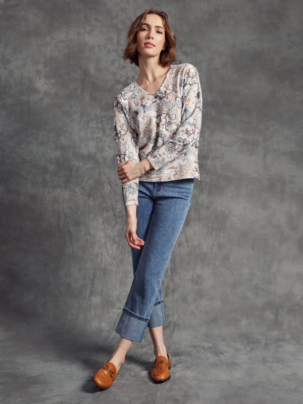 Printed Plush Knit V-Neck Sweater - Holland