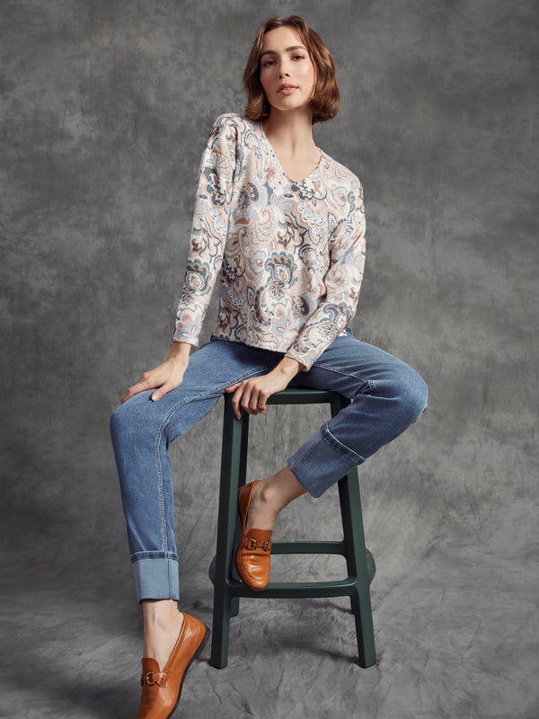 Printed Plush Knit V-Neck Sweater - Holland