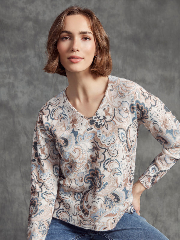 Printed Plush Knit V-Neck Sweater - Holland