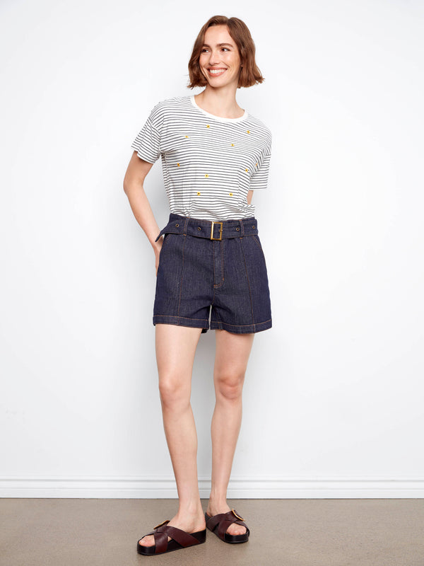 Short en denim extensible avec ceinture - Bleu Profond