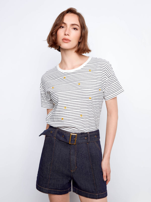 Short en denim extensible avec ceinture - Bleu Profond