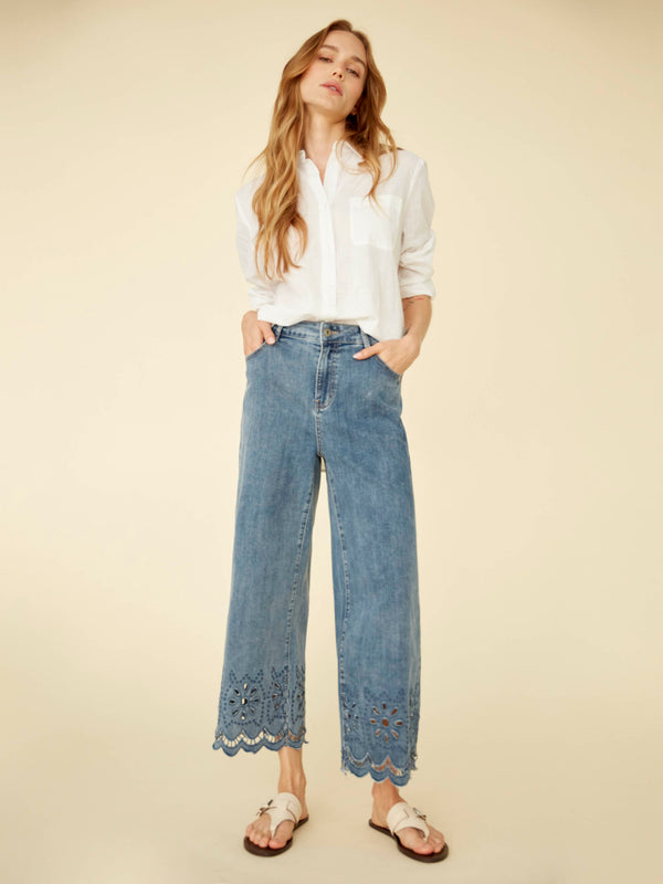 Wide Leg Jeans With Scalloped Eyelet Hem - Medium Blue