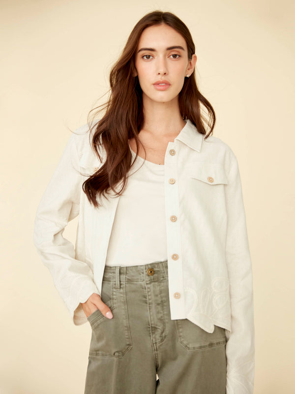 Embroidered Hem Linen Blend Jacket - Natural