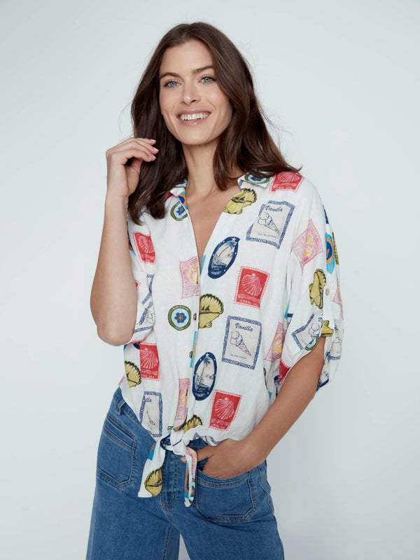 Printed Linen Blend Front-Tie Blouse - Postcard