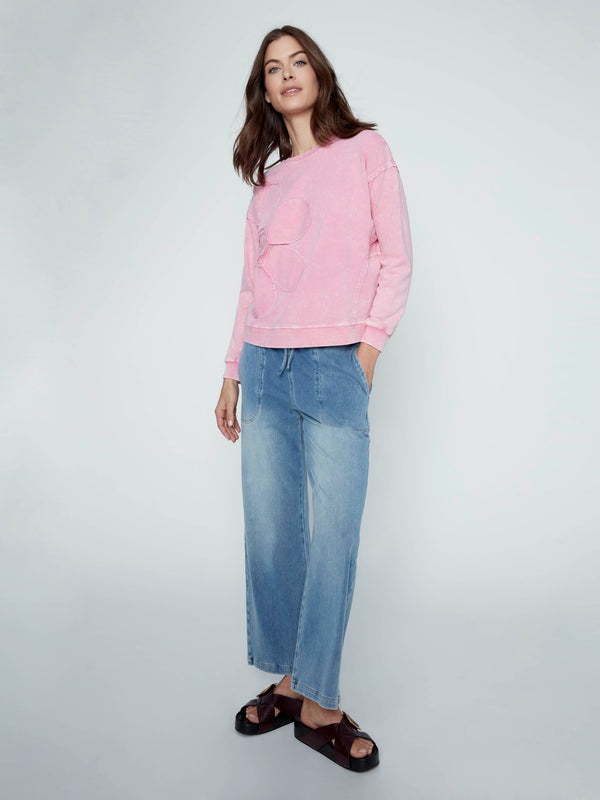 Pantalon jogger en denim tricoté à jambe large - Bleu Moyen