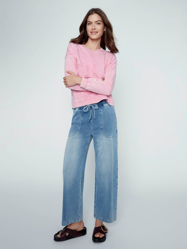 Pantalon jogger en denim tricoté à jambe large - Bleu Moyen