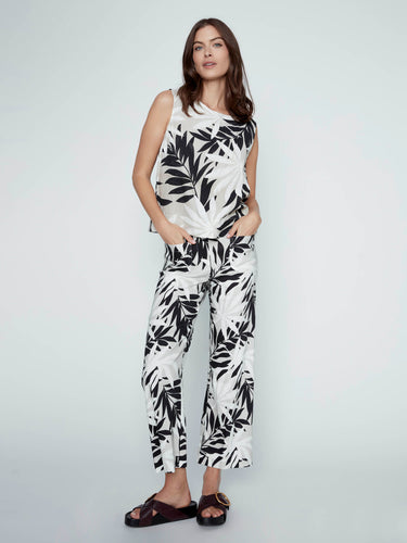 Comfortable and stylish palm leaf patterned set with relaxed fit pants and matching sleeveless top by Charlie B.