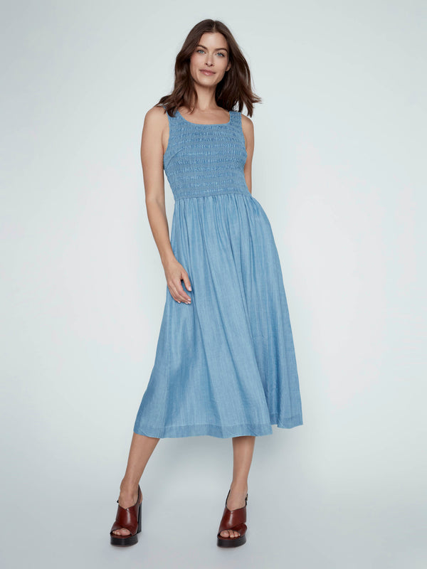 Tencel Sleeveless Smocked Maxi Dress - Soft Blue