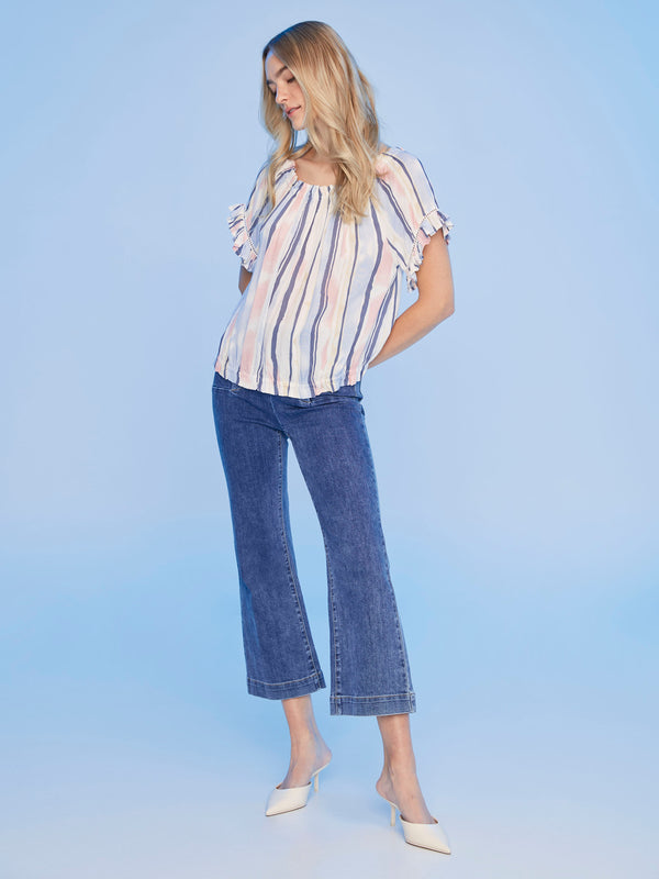 Printed Short Sleeve Peasant Blouse - Nautical