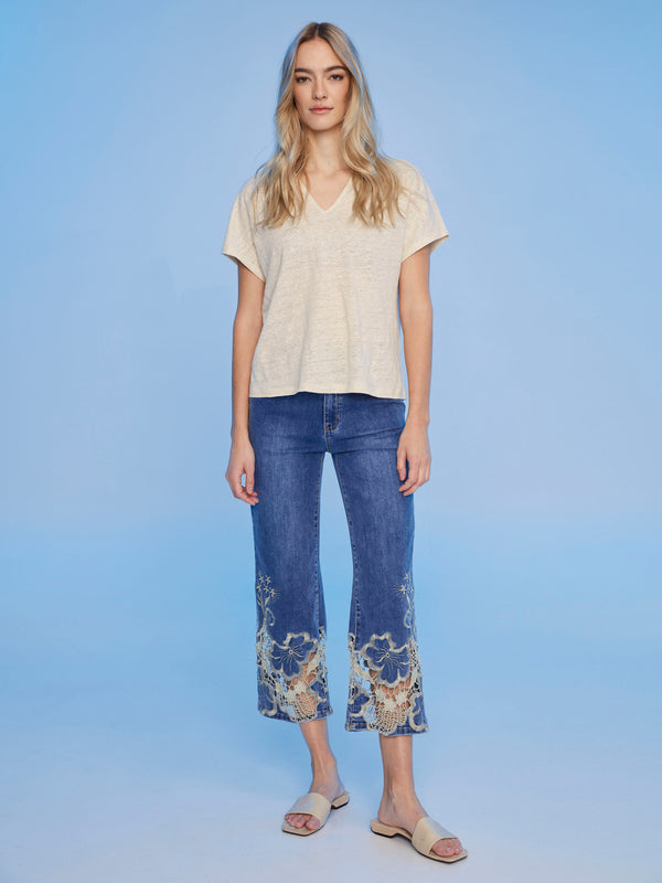 Chic abstract patterned short-sleeve top in champagne hue by Charlie B.