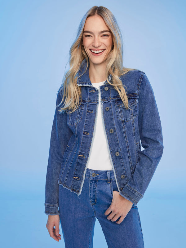 Frayed Edge Stretch Denim Jacket - Medium Blue