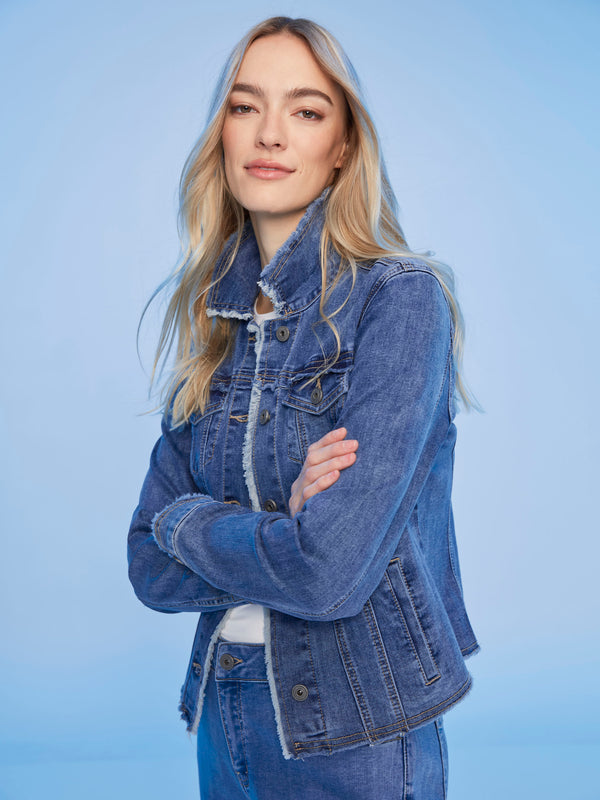 Frayed Edge Stretch Denim Jacket - Medium Blue