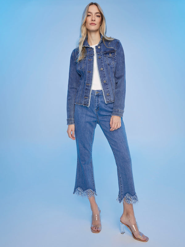Frayed Edge Stretch Denim Jacket - Medium Blue